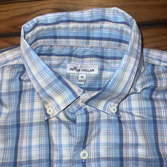 Peter Millar Silk Cotton Shirt Mens Size XL Long Sleeve Button Blue Plaid Check - Picture 8 of 10